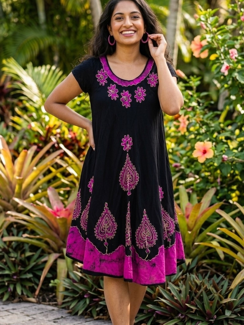 Black Dress with Magenta Embroidered Accents - Women's Scoop Neck Dress